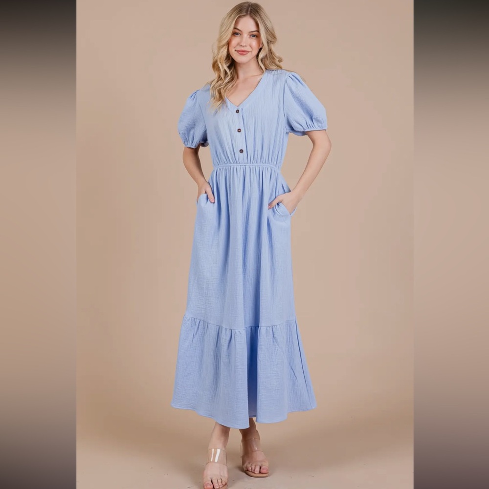 Boho Short Sleeve V Neck Tiered Maxi Dress with Pocket